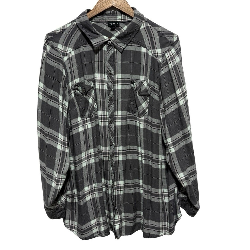 Torrid Blouse Womens 3X Gray Plaid Button Front Long Sleeve Lightweight Tunic